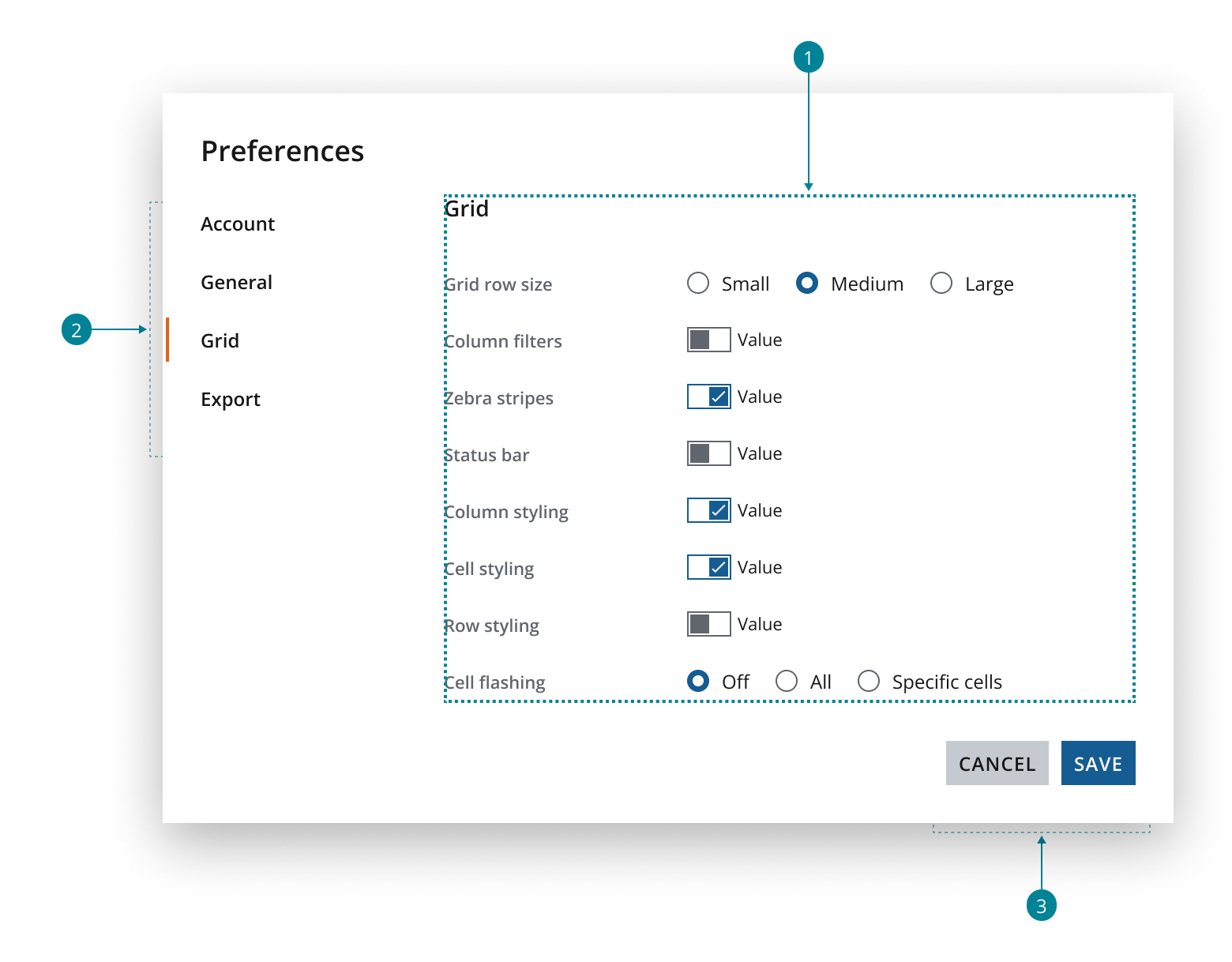 Preferences Dialog navigation and content.